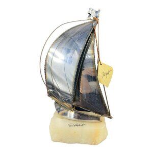 Mid Century De Mott Brass Metal Sailboat Brutalist Sculpture on Onyx Base W Tag